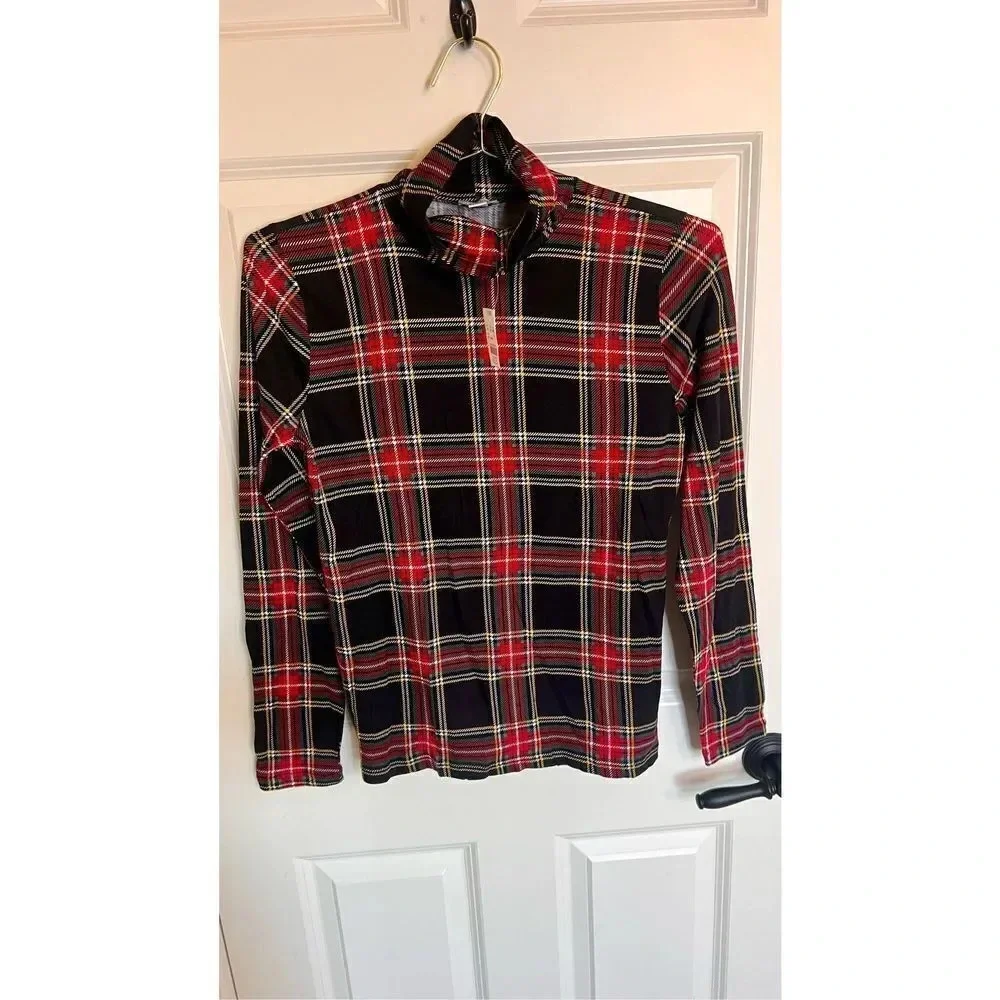 J. Crew Womens Black Red‎ Tartan Plaid Turtle Neck Long Sleeve Top Small NWT